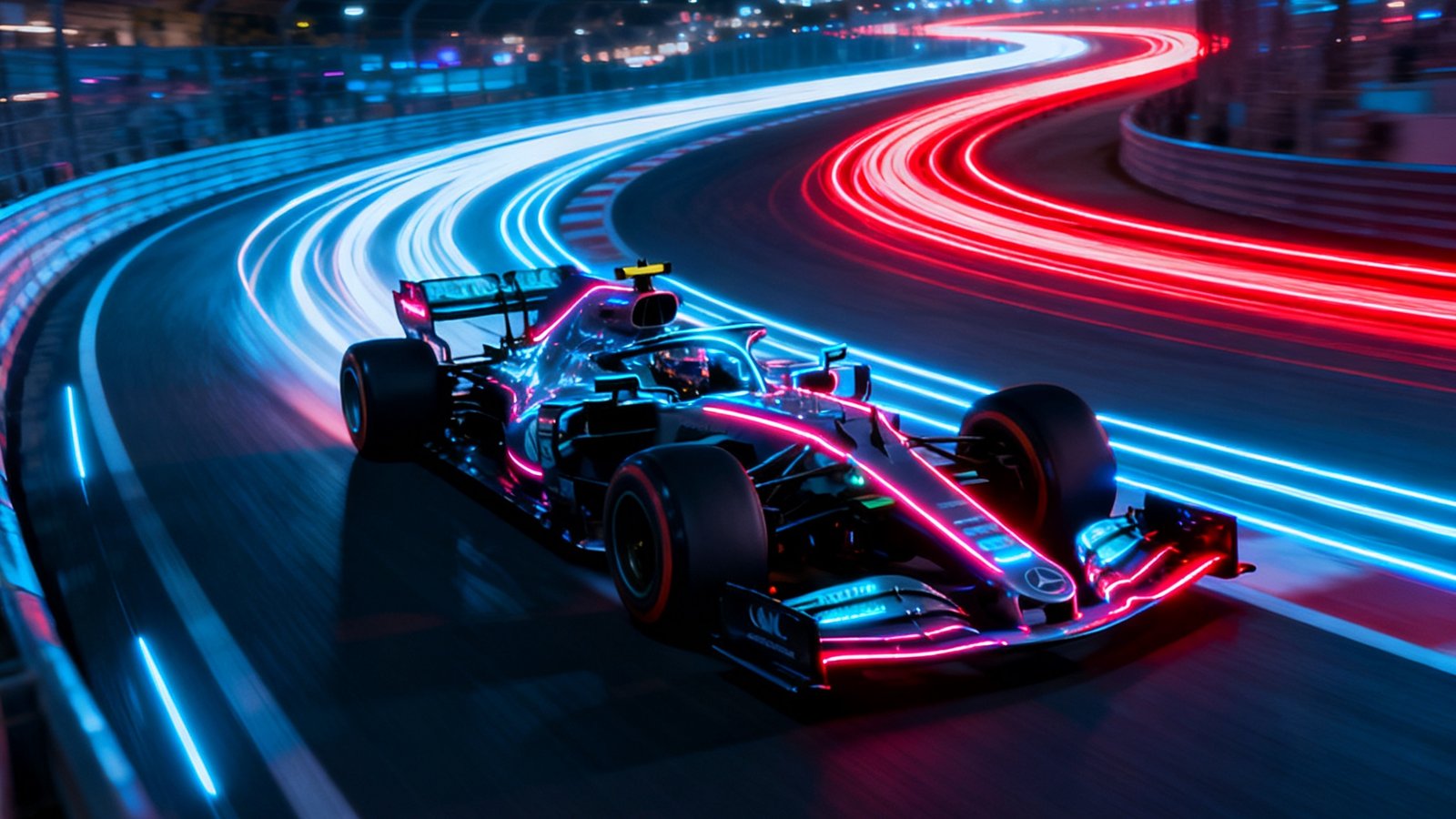 F1赛车在夜间赛道上疾驰，车身上的霓虹灯带在高速行驶中拉出流光轨迹，赛道两旁是璀璨的城市夜景，尾灯在弯道处留下绚丽的红色光弧。
